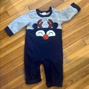 Baby Cat & Jack Gray and Navy Baby Romper with Reindeer Design